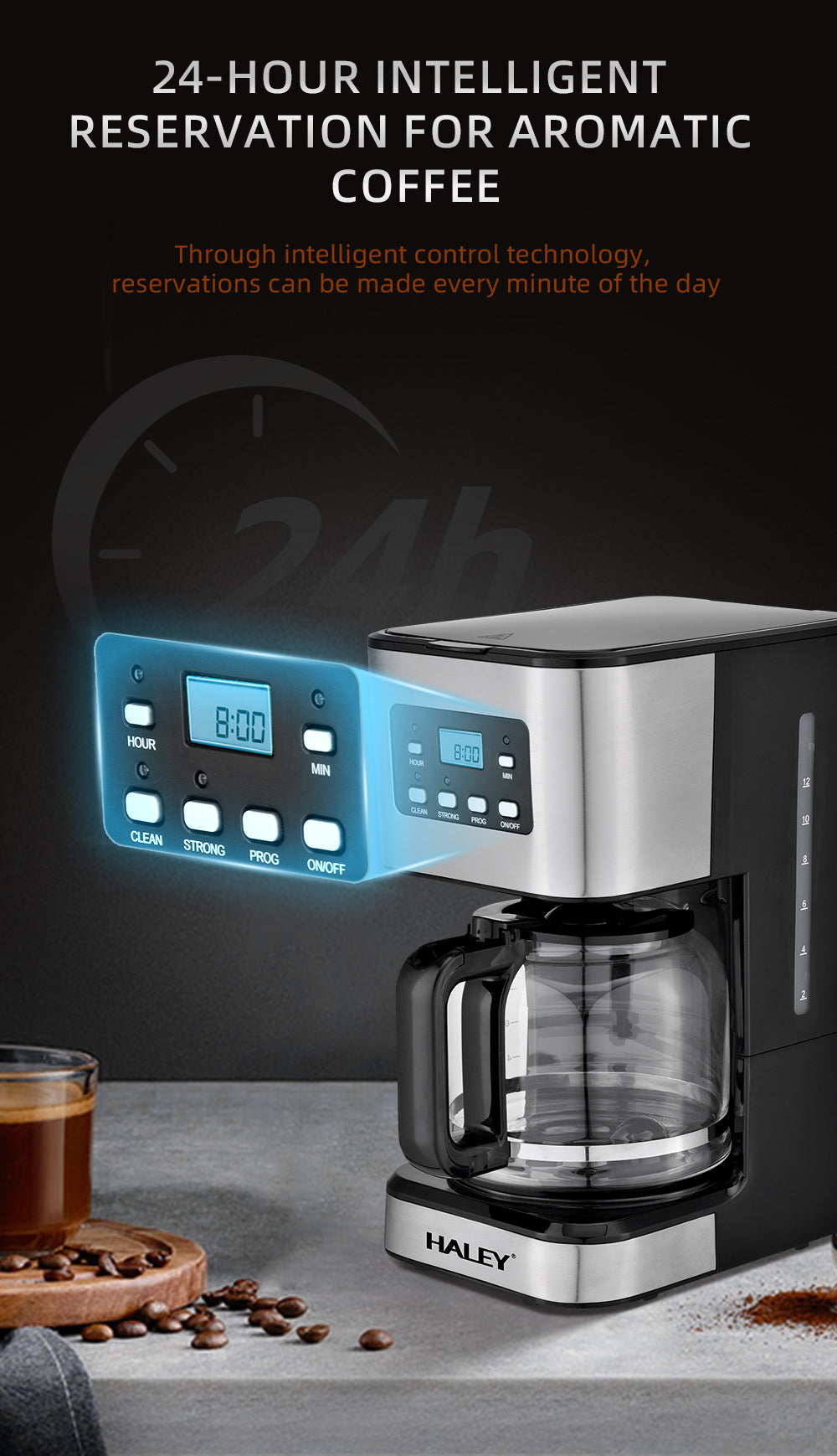 Aparat de Cafea HALEY 950W, 1.5L, LED Display, Anti-Drip, Brewing Inteligent, Inox, Control Temperatură Precis